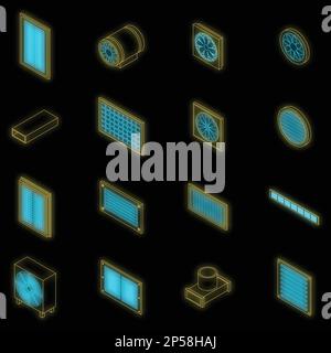 Icônes de ventilation définies. Ensemble isométrique d'icônes de vecteur de ventilation néon de couleur sur noir Illustration de Vecteur