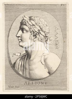 Buste d'un jeune athlète masculin couronné de lauriers de la victoire. Par l'artiste grec Allion. Allione. Gravure en plaques de Guillaume Vallet d'après Giovanni Angelo Canini d'Iconografia, cioe disegni d'imagini de famosissimi monarchi, regi, filososi, poeti ed oratori dell' Antichita, dessins d'images de célèbres monarques, rois, philosophes, poètes et orateurs d'Antiquity, Ignatio de Lazatio, Rome, 1699. Banque D'Images