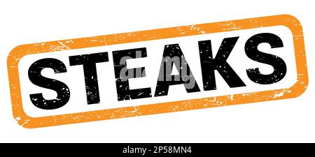 TEXTE DE STEAKS inscrit sur l'étiquette orange-noir du rectangle. Banque D'Images