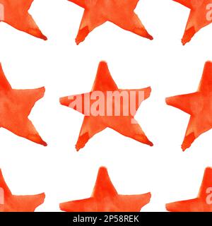 Aquarelle rouge orange cinq étoiles pointues symbole fond de motif sans couture. Banque D'Images