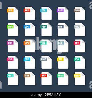 Formats de fichiers système courants. Types et extensions de document. Collection d'icônes de style plat. Pictogramme de document, élément interface utilisateur de conception Web, modèle. Ordinateur Illustration de Vecteur