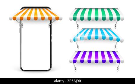 Smartphone avec store et support métallique, achats en ligne sur Internet. Bar-salon à rayures réalistes. Tente du marché extérieur. Toit-abri. Été Illustration de Vecteur
