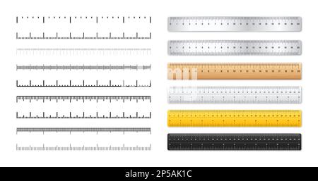Règles réalistes en métal et en plastique. Échelles de mesure avec divisions. Échelle de mesure de la longueur ou de la hauteur en centimètres, pouces. Règle, ruban Illustration de Vecteur
