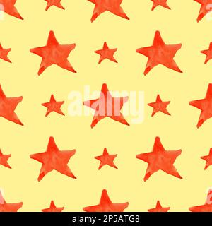 Aquarelle rouge orange cinq étoiles pointues symbole fond de motif sans couture. Banque D'Images