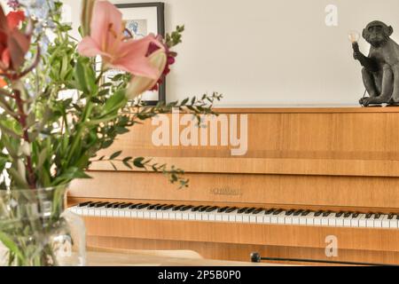 un chat assis au-dessus d'un piano avec des fleurs devant lui et un vase rempli de lys roses Banque D'Images