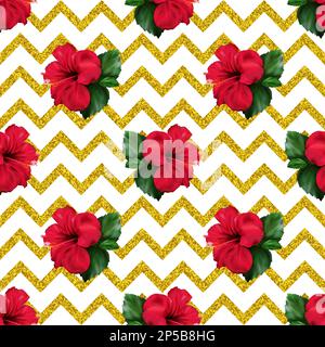 Hibiscus karkade tropical fleur exotique paillettes géométrique zigzag sans couture motif fond. Banque D'Images
