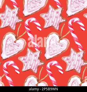 Aquarelle Noël canne à sucre Ginger biscuits motif sans couture. Banque D'Images