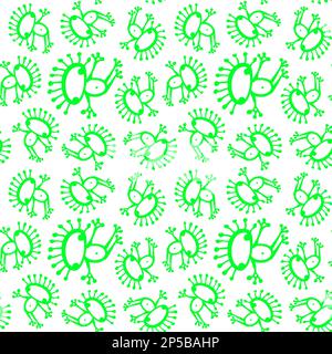 Vert néon blanc Doodle étranger grenouille sans couture vecteur de motif. Illustration de Vecteur