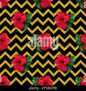 Hibiscus karkade tropical fleur exotique paillettes géométrique zigzag sans couture motif fond. Banque D'Images