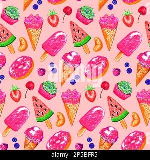Crème glacée fruits fruits et baies boulangerie cupcake beignet dessert alimentaire croquis sans couture modèle. Banque D'Images