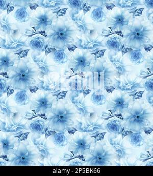 Bleu cerise sakura fleur bleu art numérique sans couture motif texture arrière-plan. Banque D'Images
