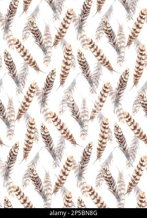 Motif de plumes à rayures marron beige aquarelle texturé. Banque D'Images