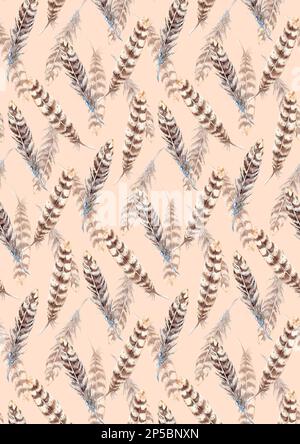 Motif de plumes à rayures marron beige aquarelle texturé. Banque D'Images
