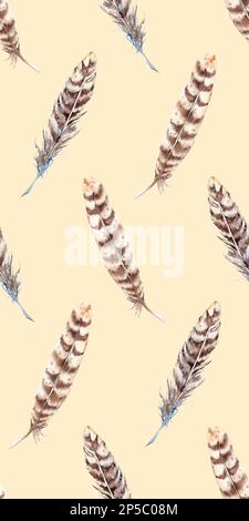 Motif en plumes beige aquarelle à rayures marron sans coutures. Banque D'Images