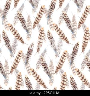 Motif en plumes beige aquarelle à rayures marron sans coutures. Banque D'Images
