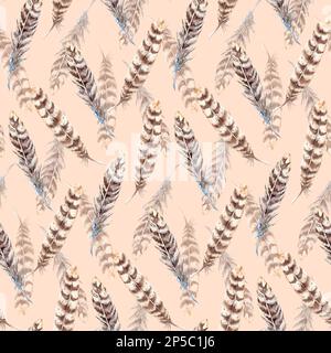 Motif en plumes beige aquarelle à rayures marron sans coutures. Banque D'Images