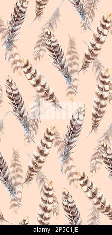 Motif en plumes beige aquarelle à rayures marron sans coutures. Banque D'Images