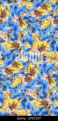 Aquarelle bleu jay jaune perroquet oiseau plume sans couture motif texture fond. Banque D'Images