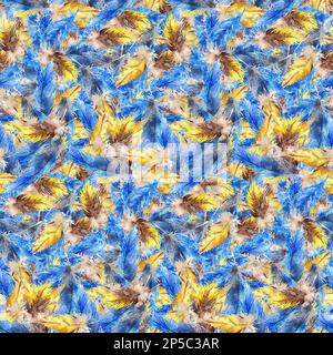 Aquarelle bleu jay jaune perroquet oiseau plume sans couture motif texture fond. Banque D'Images