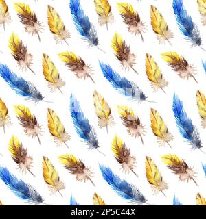Aquarelle bleu geai jaune perroquet oiseau plume sur blanc sans couture motif texture fond Banque D'Images