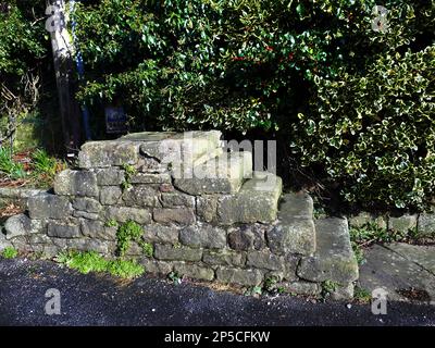 Bloc de montage ou marches pour vous aider à monter sur un cheval à Salterforth, un village situé à la frontière entre le Lancashire et le Yorkshire Banque D'Images