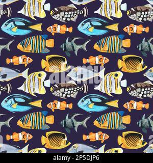 Motif sans couture avec poissons corail tropicaux colorés. Illustration aquarelle pour la conception Banque D'Images