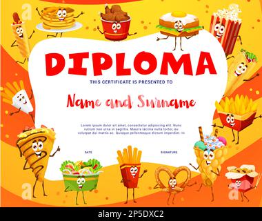 Diplôme pour enfants. Caricature personnages de fast food drôles. Récompense de vecteur de réussite scolaire avec hot dog, crêpes, nuggets de poulet et hong k Illustration de Vecteur