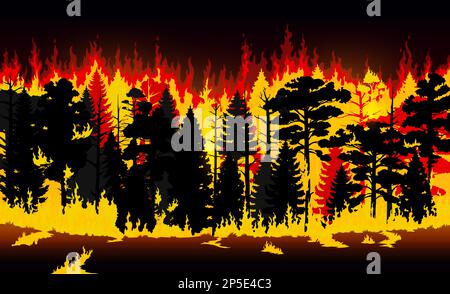 Feu de forêt, arbres en feu et herbe. Vecteur feu de forêt, caricature catastrophe naturelle des arbres flamboyants, des plantes et des buissons avec des nuages de fumée et des flammes de feu. Illustration de Vecteur
