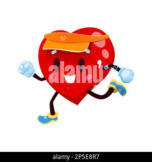 Personnages de jeu de dessin animé, exercices de sport vectoriel. Un cœur humain en bonne santé pour faire du jogging ou courir avec des baskets, un tracker d'activité, un hea sans fil Illustration de Vecteur