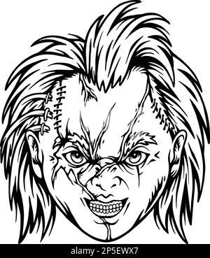 Poupées d'horreur zombie tête monochrome illustrations vectorielles pour votre travail logo, t-shirt de marchandise, autocollants et dessins d'étiquettes, affiche, cartes de vœux a Illustration de Vecteur