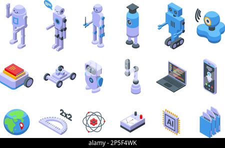 Les icônes de l'intelligence artificielle dans l'éducation définissent un vecteur isométrique. Robot d'automatisation. Numérique intelligent Illustration de Vecteur