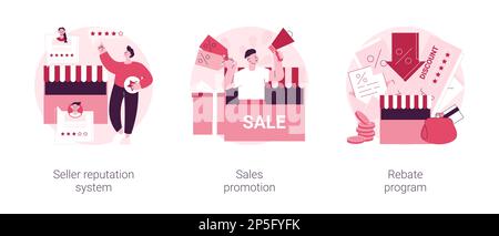Ensemble d'illustrations vectorielles de la stratégie de vente au détail. Système de réputation du vendeur, promotion des ventes, programme de remise, campagne publicitaire, produit le mieux noté, métaphore du coupon de réduction. Illustration de Vecteur