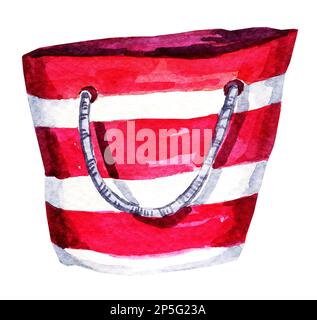 Illustration aquarelle d'un sac de plage rayé, illustration dessinée à la main, croquis, accessoire d'été, rouge et blanc Banque D'Images