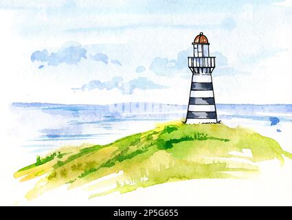 Illustration aquarelle du phare et de la mer, plage avec herbe et ciel avec nuages. Faire un dessin à la main. Paysage de mer sans pitié. Banque D'Images