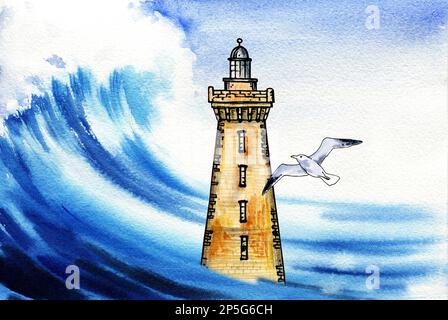 phare aquarelle dans la vague de mer, mouette, océan bleu foncé, illustration de la main de la darwn, esquisse, fond marin Banque D'Images