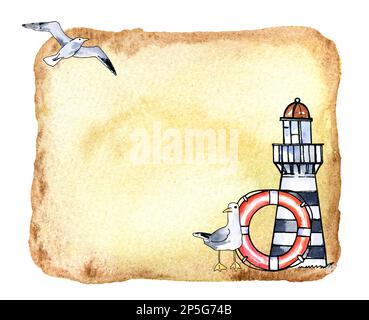 Bordure aquarelle texturée avec câble, phare, oiseau de mer et nœud sur le vieux papier. Illustration aquarelle. Dessiner à la main l'esquisse. Thème marin Banque D'Images