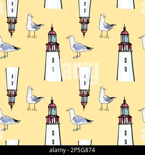 Motif sans couture avec mouettes, phare sur fond jaune. Illustration aquarelle. Dessiner à la main l'esquisse Banque D'Images