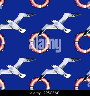 Motif sans couture avec ligne de vie et mouette sur fond bleu. Illustration aquarelle. Dessiner à la main l'esquisse. Banque D'Images