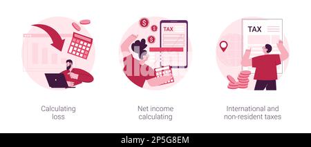 Kit d'illustrations vectorielles abstraites pour l'achat de services de comptabilité. Calcul de la perte, calcul du revenu net, impôts internationaux et non-résidents, estimation des bénéfices, formule du revenu net métaphore abstraite. Illustration de Vecteur