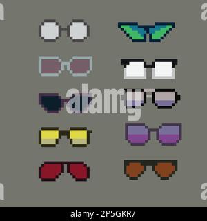 Monture de lunettes de vue Pixelart ou lunettes de soleil avec verres pixelisés. Ensemble de lunettes et de lunettes de soleil pixel art. vecteur pixel art 8 bits, isolé sur solide Illustration de Vecteur