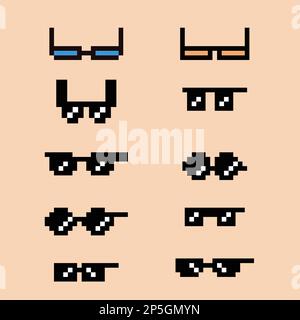 Monture de lunettes de vue Pixelart ou lunettes de soleil avec verres pixelisés. Ensemble de lunettes et de lunettes de soleil pixel art. vecteur pixel art 8 bits, isolé sur solide Illustration de Vecteur