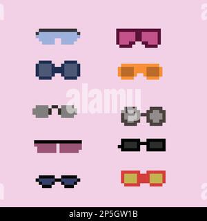 Monture de lunettes de vue Pixelart ou lunettes de soleil avec verres pixelisés. Ensemble de lunettes et de lunettes de soleil pixel art. vecteur pixel art 8 bits, isolé sur solide Illustration de Vecteur