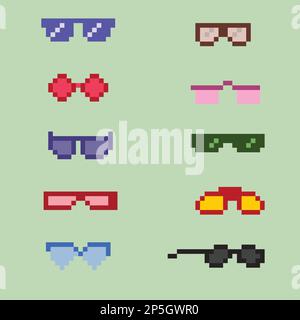 Monture de lunettes de vue Pixelart ou lunettes de soleil avec verres pixelisés. Ensemble de lunettes et de lunettes de soleil pixel art. vecteur pixel art 8 bits, isolé sur solide Illustration de Vecteur