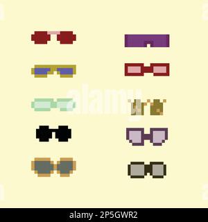 Monture de lunettes de vue Pixelart ou lunettes de soleil avec verres pixelisés. Ensemble de lunettes et de lunettes de soleil pixel art. vecteur pixel art 8 bits, isolé sur solide Illustration de Vecteur