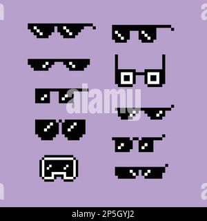 Monture de lunettes de vue Pixelart ou lunettes de soleil avec verres pixelisés. Ensemble de lunettes et de lunettes de soleil pixel art. vecteur pixel art 8 bits, isolé sur solide Illustration de Vecteur