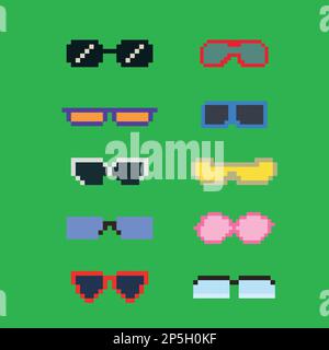 Monture de lunettes de vue Pixelart ou lunettes de soleil avec verres pixelisés. Ensemble de lunettes et de lunettes de soleil pixel art. vecteur pixel art 8 bits, isolé sur solide Illustration de Vecteur