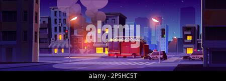 Feu dans la maison, camion de pompier et voiture de police dans la rue de la ville la nuit. Immeuble urbain en feu avec une flamme dans les fenêtres, fumée noire et véhicule de secours d'urgence rouge sur la route, illustration de dessin animé vectoriel Illustration de Vecteur