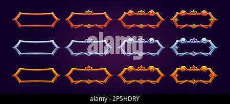 Golden médiéval FANTASY jeu ui cadre pour bouton de conception de vecteur isolé. Bordure en bronze pour réalisation de rpg ou élément de barre de titre. Ensemble d'étiquettes royales en forme de rectangle argenté avec pierres précieuses. Illustration de Vecteur