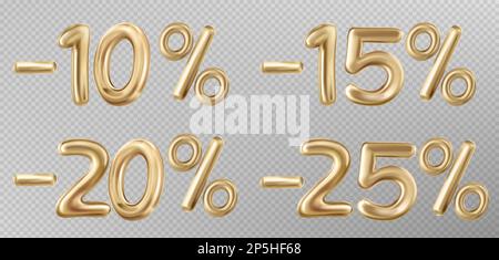 Ensemble réaliste de chiffres de remise de ballon d'air doré isolés sur fond transparent. Illustration vectorielle de moins 10, 15, 20, prix de 25 pour cent, offre de vente de vacances, éléments de conception de la campagne promotionnelle Illustration de Vecteur
