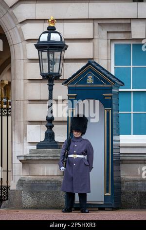 La garde de la Reine en service au Palais de Buckingham, résidence officielle de la Reine d'Angleterre Banque D'Images